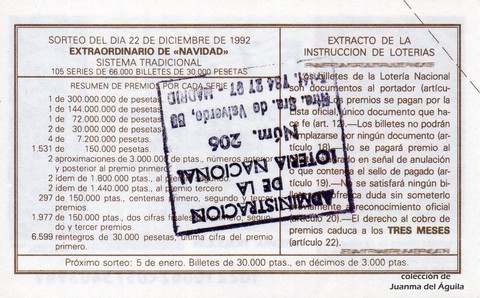 Reverso del décimo de Lotería Nacional de 1992 Sorteo 102