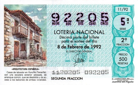Décimo de Lotería Nacional de 1992 Sorteo 11 - «ARQUITECTURA ESPAÑOLA» - CASAS DE LABRADOR EN IFONCHE (TENERIFE)