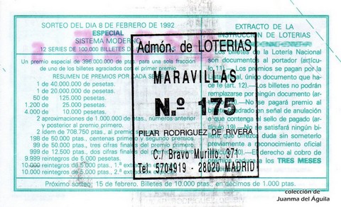 Reverso del décimo de Lotería Nacional de 1992 Sorteo 11