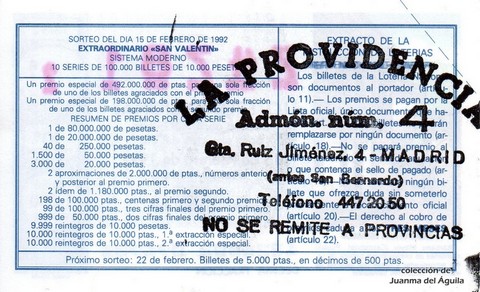 Reverso décimo de Lotería 1992 / 13