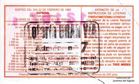 Reverso décimo de Lotería 1992 / 15