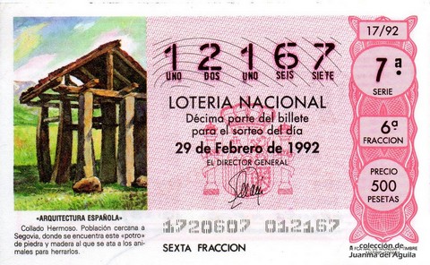 Décimo de Lotería Nacional de 1992 Sorteo 17 - «ARQUITECTURA ESPAÑOLA» - COLLADO HERMOSO. POBLACION CERCANA A SEGOVIA