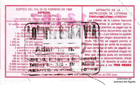 Reverso décimo de Lotería 1992 / 17