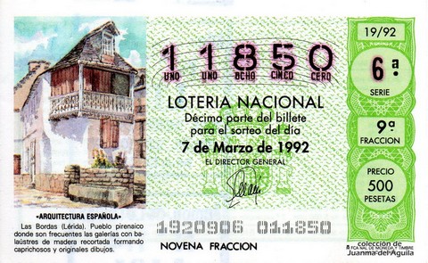 Décimo de Lotería Nacional de 1992 Sorteo 19 - «ARQUITECTURA ESPAÑOLA» - LAS BORDAS (LERIDA)