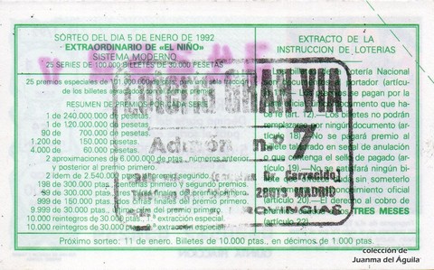Reverso décimo de Lotería 1992 / 1