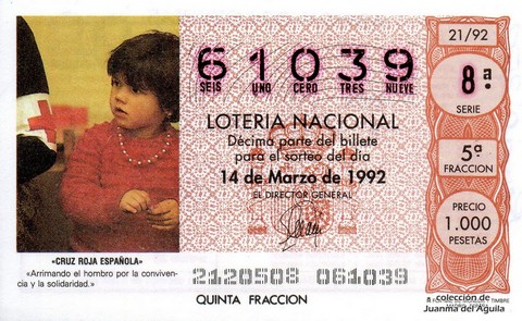 Décimo de Lotería Nacional de 1992 Sorteo 21 - «CRUZ ROJA ESPAÑOLA»