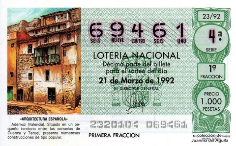 Décimo de Lotería Nacional de 1992 Sorteo 23 - «ARQUITECTURA ESPAÑOLA» - ADEMUZ (VALENCIA)