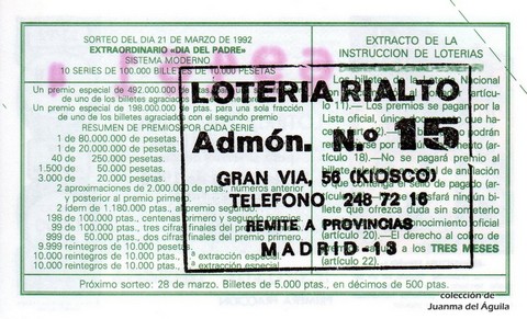 Reverso del décimo de Lotería Nacional de 1992 Sorteo 23