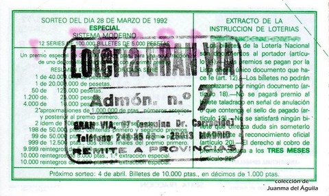 Reverso del décimo de Lotería Nacional de 1992 Sorteo 25