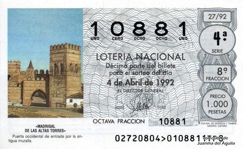 Décimo de Lotería Nacional de 1992 Sorteo 27 - «MADRIGAL DE LAS ALTAS TORRES»