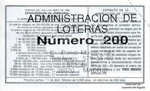 Reverso del décimo de Lotería Nacional de 1992 Sorteo 27