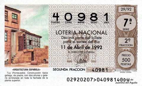 Décimo de Lotería Nacional de 1992 Sorteo 29 - «ARQUITECTURA ESPAÑOLA» - TUY (PONTEVEDRA). CONSTRUCCION TIPICA GALLEGA