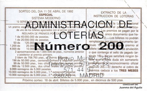 Reverso del décimo de Lotería Nacional de 1992 Sorteo 29