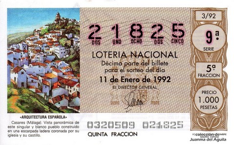 Décimo de Lotería Nacional de 1992 Sorteo 3 - «ARQUITECTURA ESPAÑOLA» - CASARES (MALAGA). VISTA PANORAMICA