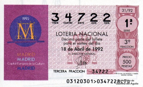 Décimo de Lotería Nacional de 1992 Sorteo 31 - MADRID. Capital Europea de la Cultura