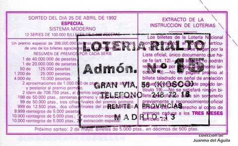 Reverso décimo de Lotería 1992 / 33
