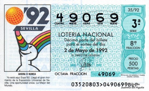 Décimo de Lotería Nacional de 1992 Sorteo 35 - AHORA O NUNCA