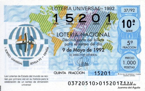 Décimo de Lotería Nacional de 1992 Sorteo 37 - I SORTEO UNIVERSAL SEVILLA ´92 - ESPAÑA