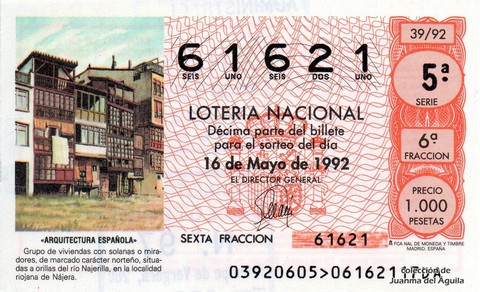 Décimo de Lotería Nacional de 1992 Sorteo 39 - «ARQUITECTURA ESPAÑOLA» - GRUPO DE VIVIENDAS CON SOLANAS O MIRADORES EN NAJERA