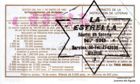Reverso décimo de Lotería 1992 / 3
