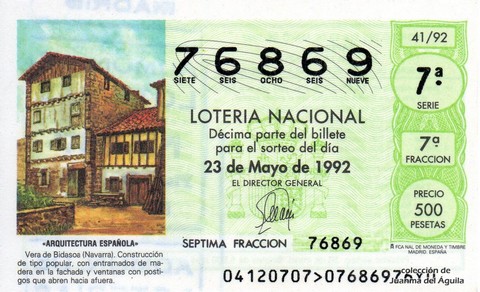 Décimo de Lotería Nacional de 1992 Sorteo 41 - «ARQUITECTURA ESPAÑOLA» - VERA DE BIDASOA (NAVARRA). CONSTRUCCION DE TIPO POPULAR