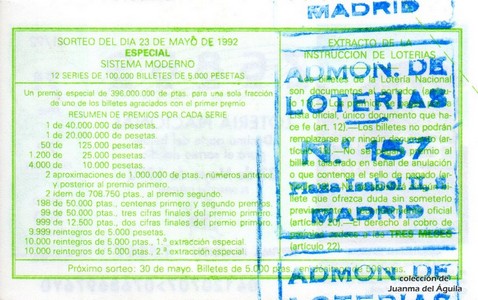Reverso del décimo de Lotería Nacional de 1992 Sorteo 41