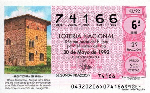 Décimo de Lotería Nacional de 1992 Sorteo 43 - «ARQUITECTURA ESPAÑOLA» - OÑATE (GUIPUZCOA). ANTIGUA TORRE DEFENSIVA