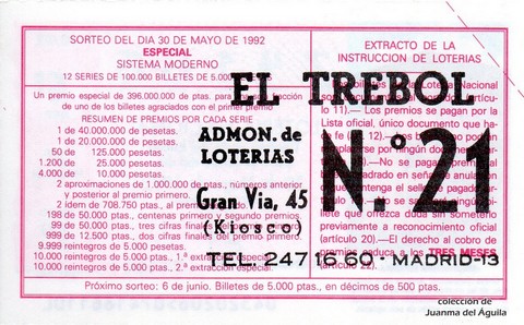Reverso del décimo de Lotería Nacional de 1992 Sorteo 43