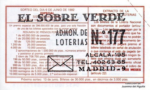 Reverso del décimo de Lotería Nacional de 1992 Sorteo 45