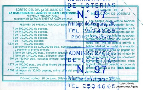 Reverso décimo de Lotería 1992 / 47