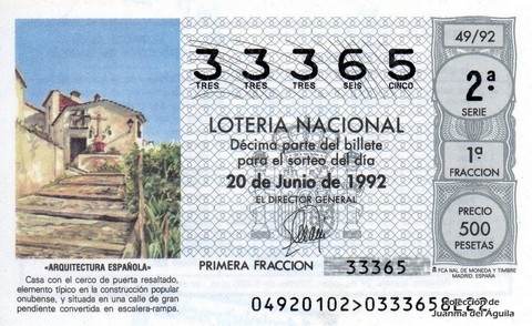 Décimo de Lotería Nacional de 1992 Sorteo 49 - «ARQUITECTURA ESPAÑOLA» - CASA CON EL CERCO DE PUERTA RESALTADO