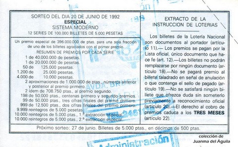 Reverso décimo de Lotería 1992 / 49