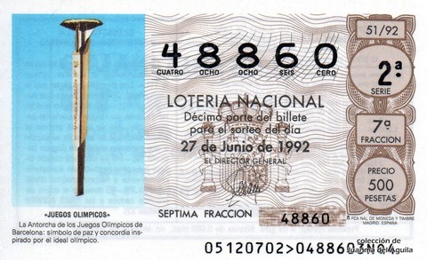 Décimo de Lotería Nacional de 1992 Sorteo 51 - «JUEGOS OLIMPICOS»