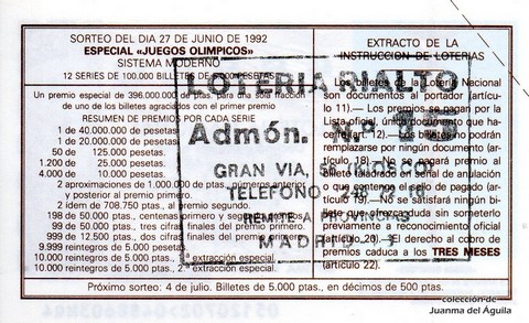 Reverso del décimo de Lotería Nacional de 1992 Sorteo 51