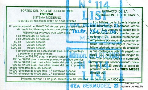 Reverso del décimo de Lotería Nacional de 1992 Sorteo 53