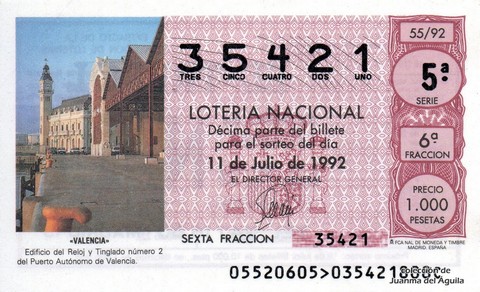 Décimo de Lotería Nacional de 1992 Sorteo 55 - «VALENCIA»