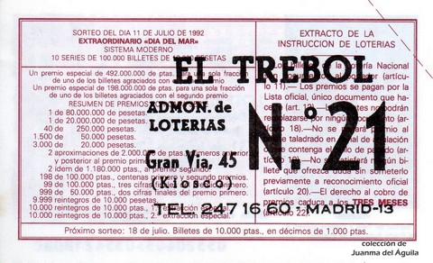 Reverso del décimo de Lotería Nacional de 1992 Sorteo 55