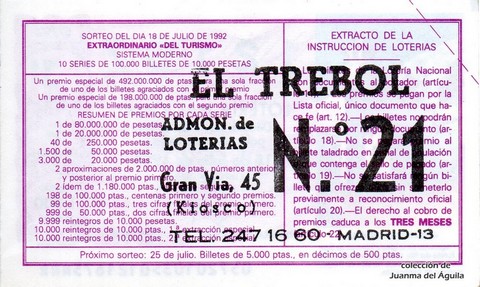 Reverso del décimo de Lotería Nacional de 1992 Sorteo 57