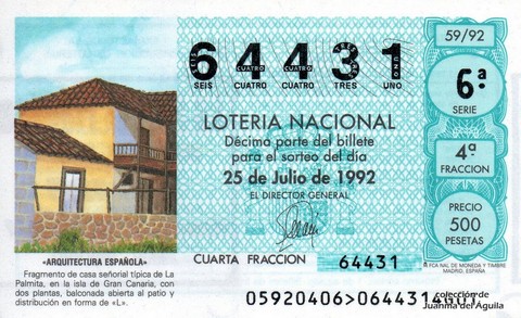 Décimo de Lotería Nacional de 1992 Sorteo 59 - «ARQUITECTURA ESPAÑOLA» - FRAGMENTO DE CASA SEÑORIAL TIPICA DE LA PALMITA (GRAN CANARIA)