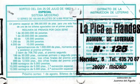 Reverso del décimo de Lotería Nacional de 1992 Sorteo 59