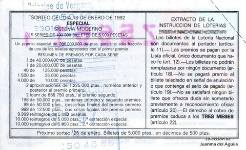 Reverso décimo de Lotería 1992 / 5