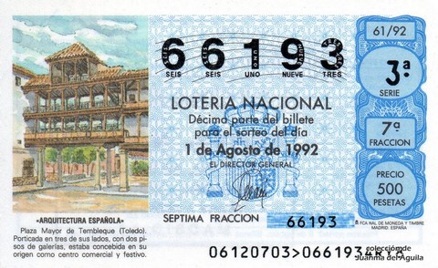 Décimo de Lotería Nacional de 1992 Sorteo 61 - «ARQUITECTURA ESPAÑOLA» - PLAZA MAYOR DE TEMBLEQUE (TOLEDO)