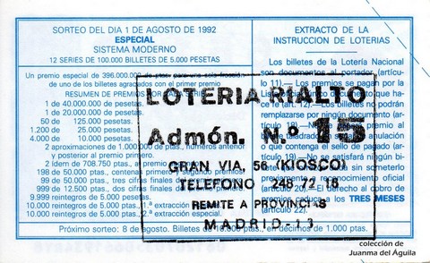 Reverso del décimo de Lotería Nacional de 1992 Sorteo 61