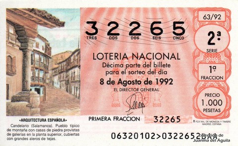 Décimo de Lotería Nacional de 1992 Sorteo 63 - «ARQUITECTURA ESPAÑOLA» - CANDELARIO (SALAMANCA). PUEBLO TIPICO DE MONTAÑA