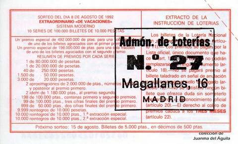 Reverso del décimo de Lotería Nacional de 1992 Sorteo 63