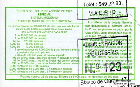 Reverso del décimo de Lotería Nacional de 1992 Sorteo 65