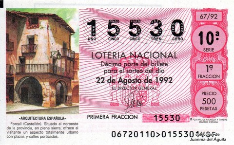 Décimo de Lotería Nacional de 1992 Sorteo 67 - «ARQUITECTURA ESPAÑOLA» - FORCALL (CASTELLON). SITUADO EN PLENA SIERRA