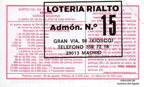 Reverso del décimo de Lotería Nacional de 1992 Sorteo 67