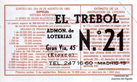 Reverso del décimo de Lotería Nacional de 1992 Sorteo 69
