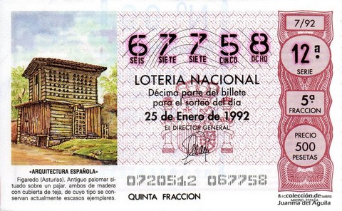 Décimo de Lotería Nacional de 1992 Sorteo 7 - «ARQUITECTURA ESPAÑOLA» - FIGAREDO (ASTURIAS). ANTIGUO PALOMAR